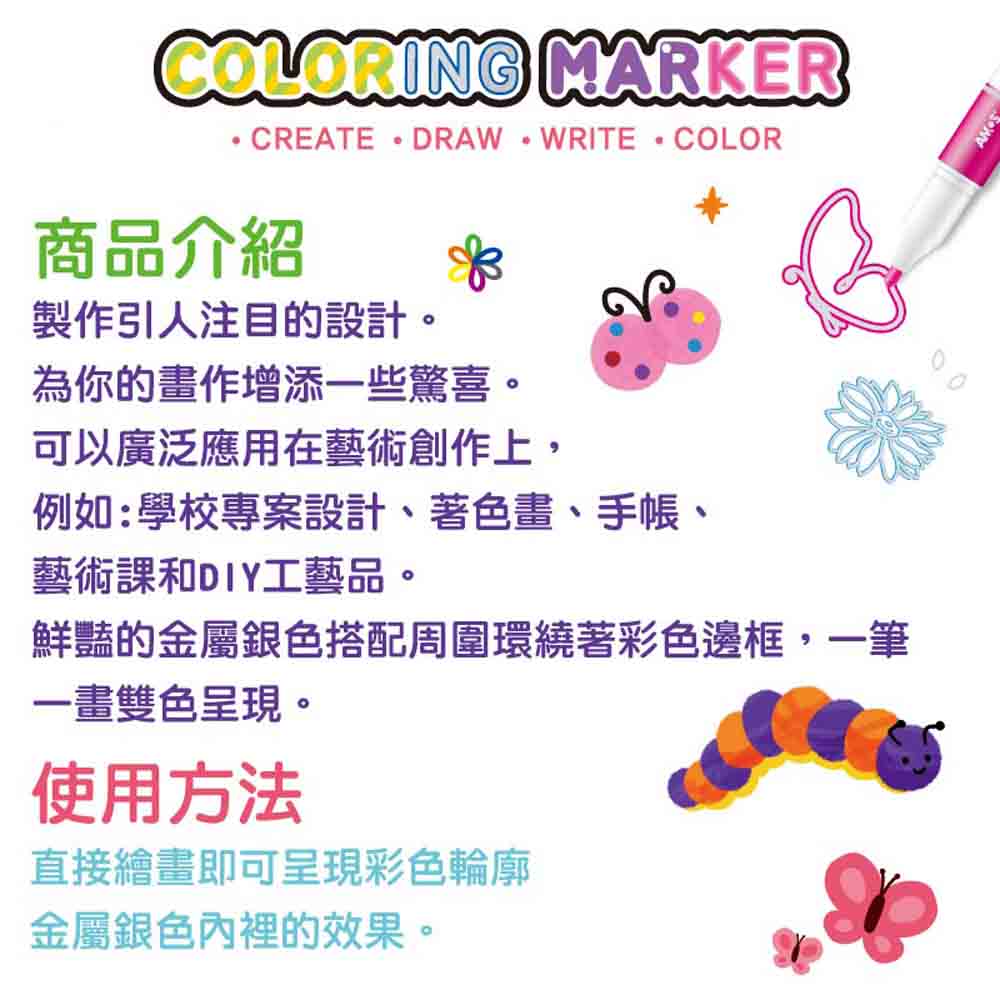 鮮豔的金屬銀色搭配周圍環繞著彩色邊框,一筆