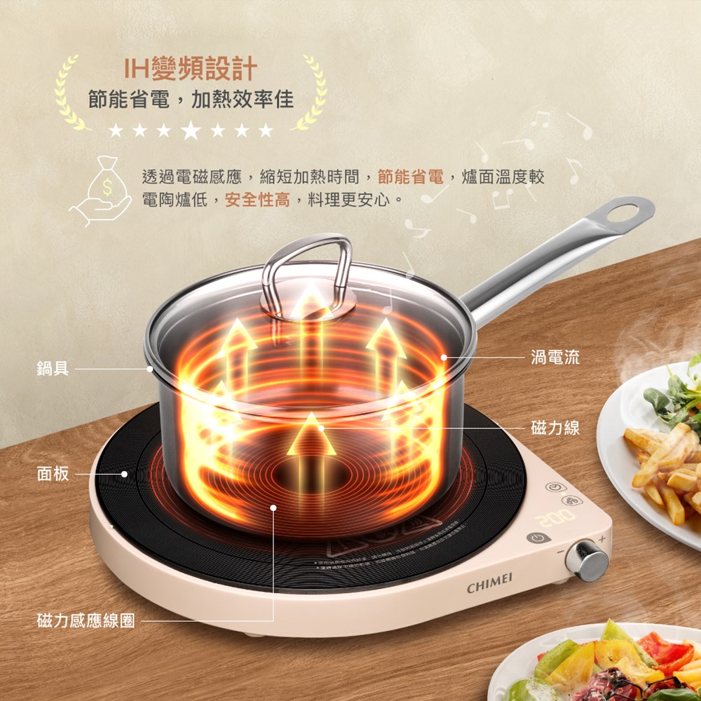 透過電磁感應,縮短加熱時間,節能省電,爐面溫度較