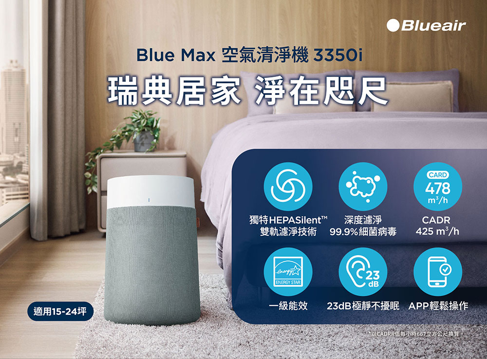 Blueair】BlueMax智能wifi空氣清淨機3350i(輕巧/安靜/除異味/適用15-24