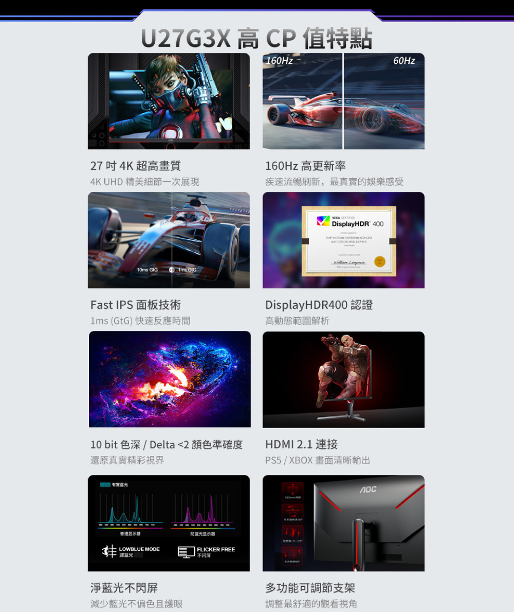AOC U27G3X 27型 IPS 4K 160Hz電競螢