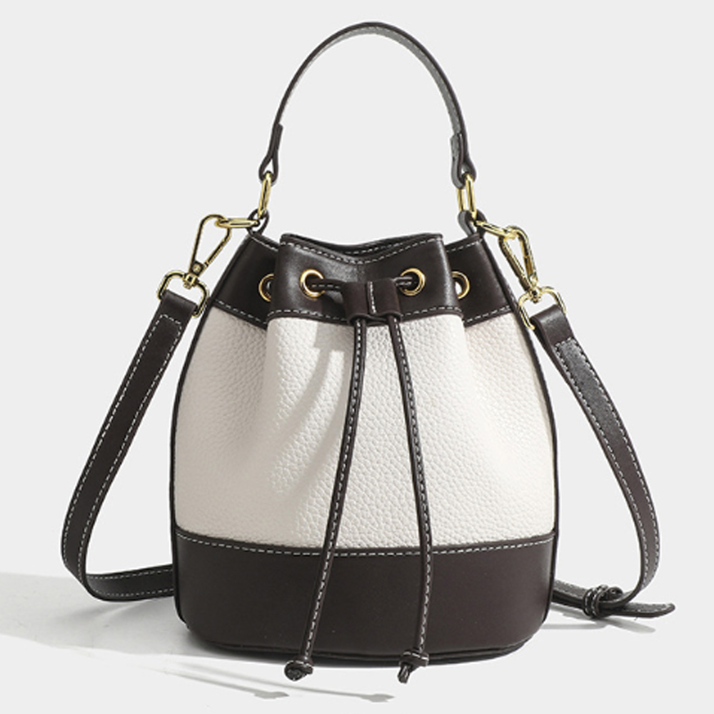 Jpqueen 撞色質感女款束口手提側肩斜背包水桶包(2色可