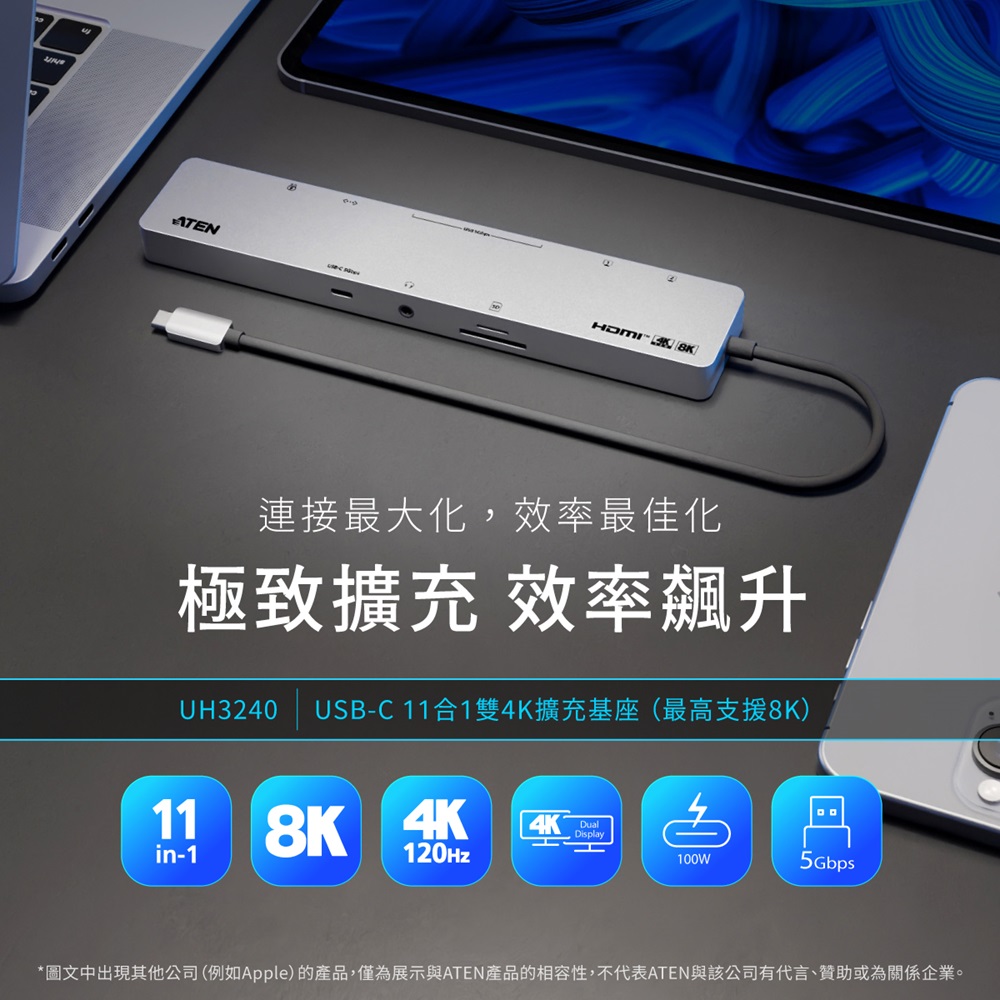 ATEN USB-C 11合1雙4K擴充基座(UH3240)