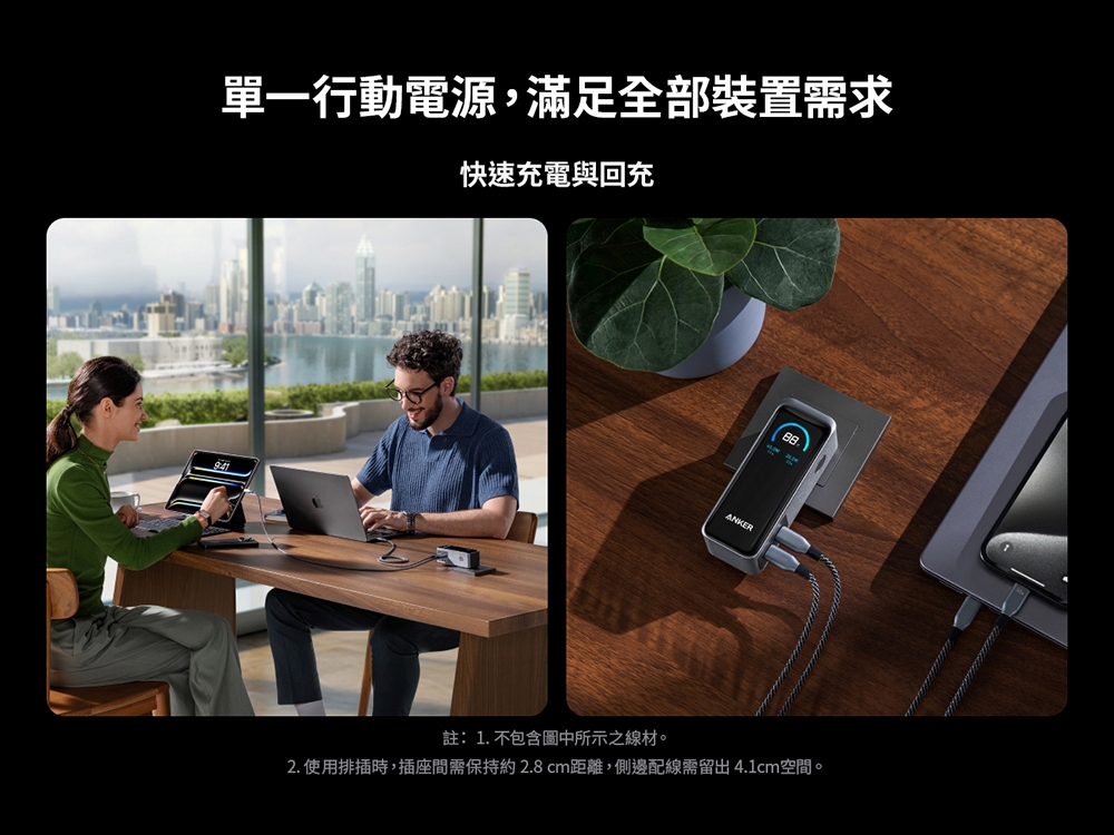 單一行動電源,滿足全部裝置需求 快速充電與回充 註1. 不包含圖中所示之線材。 2. 使用排插時,插座間需保持約2.8 cm距離,側邊配線需留出4.1cm空間。