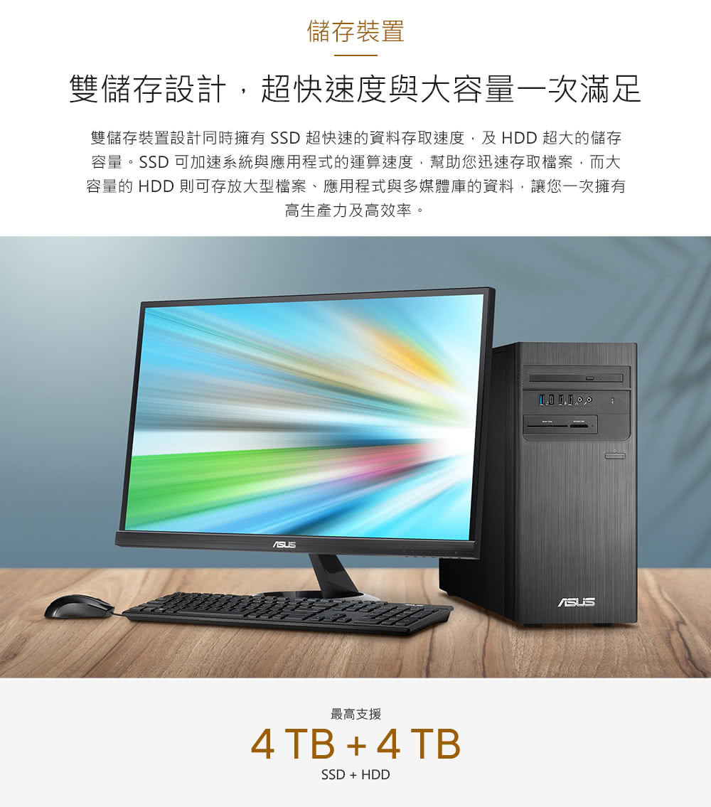雙儲存裝置設計同時擁有SSD 超快速的資料存取速度,及HDD 超大的儲存