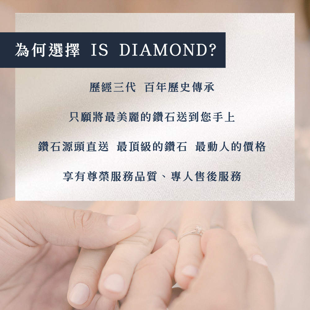 為何選擇 IS DIAMOND 歷經三代 百年歷史傳承 只願將最美麗的鑽石送到您手上 鑽石源頭直送 最頂級的鑽石 最動人的價格 享有尊榮服務品質、專人售後服務 