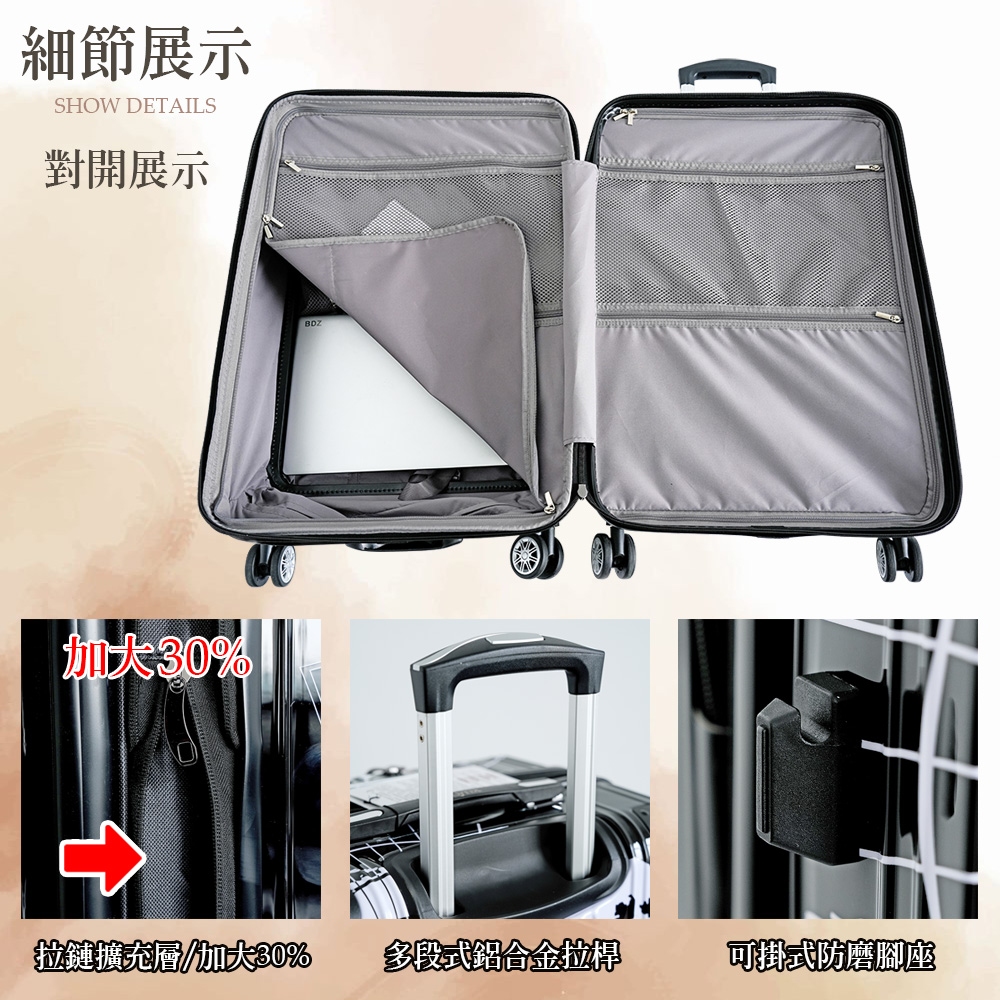 細節展示SHOW DETAILS對開展示%拉鏈擴充層加大30%多段式鋁合金拉桿可掛式防磨腳座