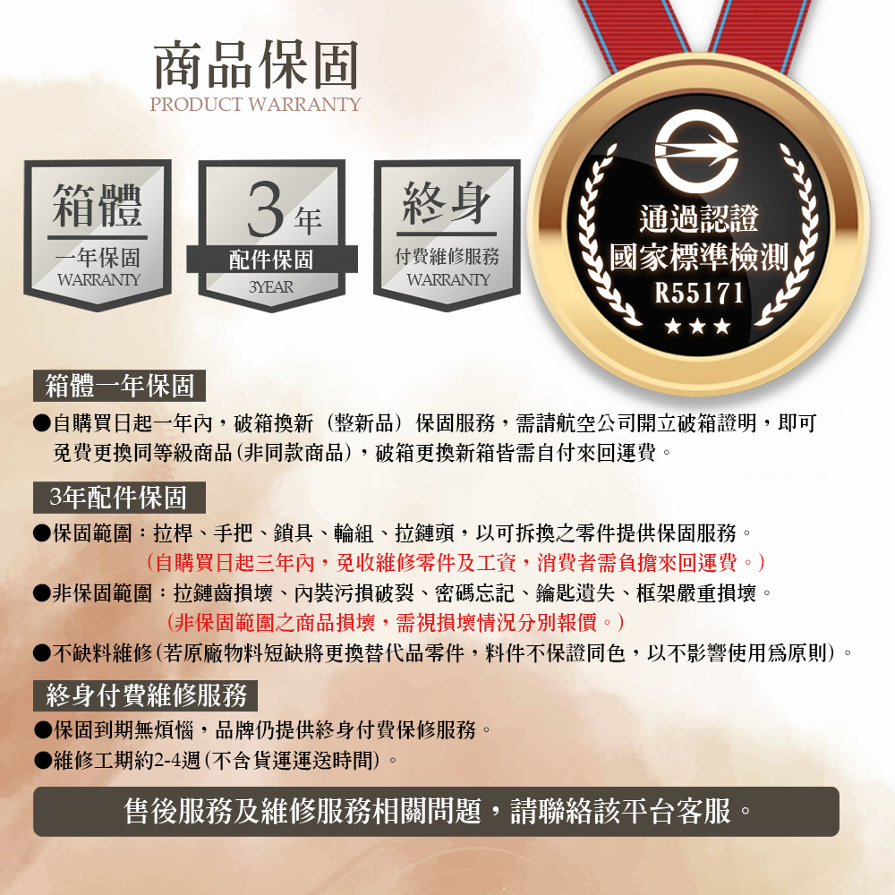 商品保固PRODUCT WARRANTY箱體3年終身一年保固配件保固WARRANTY付費維修服務WARRANTY通過認證國家標準檢測3YEARR55171箱體一年保固自購買日起一年內,破箱換新(整新品)保固服務,需請航空公司開立破箱證明,即可免費更換同等級商品(非同款商品),破箱更換新箱皆需自付來回運費3年配件保固保固範圍:拉桿手把、鎖具、輪組、拉鏈頭,以可拆換之零件提供保固服務。(自購買日起三年內,免收維修零件及工資,消費者需負擔來回運費。)●非保固範圍:拉鏈齒損壞、內裝污損破裂、密碼忘記、鑰匙遺失、框架嚴重損壞。(非保固範圍之商品損壞,需視損壞情況分別報價。)不缺料維修(若原廠物料短缺將更換替代品零件,料件不保證同色,以不影響使用原則)終身付費維修服務保固到期無煩惱,品牌仍提供終身付費保修服務。▶維修工期約2-4週(不含貨運運送時間)。售後服務及維修服務相關問題,請聯絡該平台客服。。