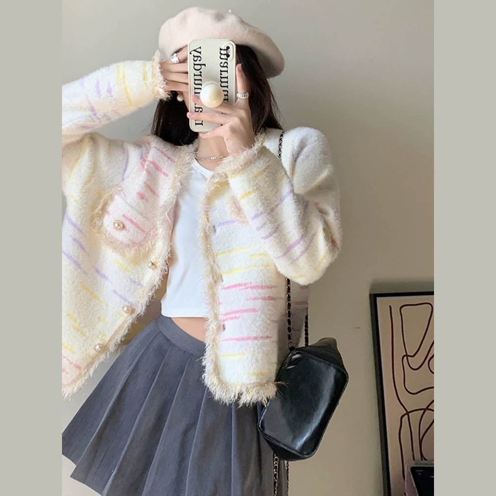 buyer 白鵝 仿水貂毛 白底彩條水貂毛外套(白底彩條)好