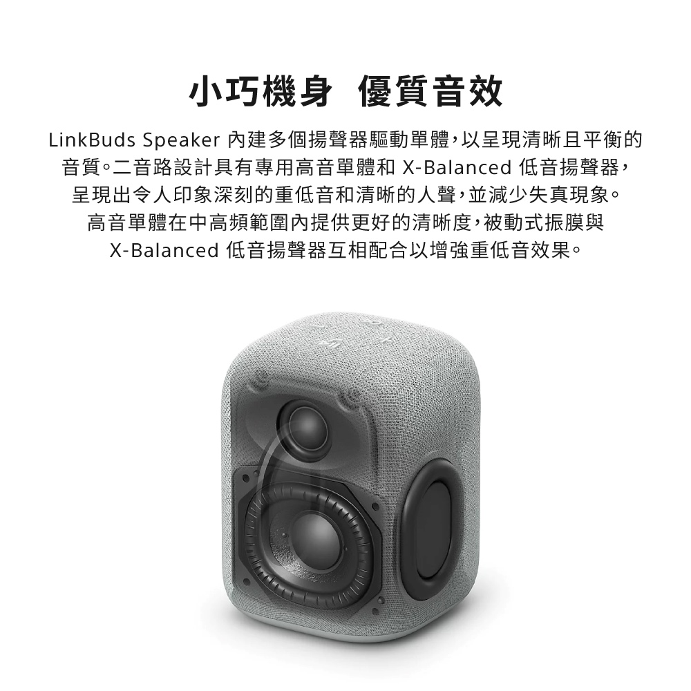 LinkBuds Speaker 內建多個揚聲器驅動單體,以呈現清晰且平衡的
