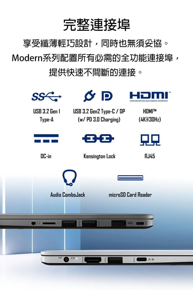 完整連接埠 享受纖薄輕巧設計,同時也無須妥協。 Modern系列配置所有必需的全功能連接埠, 提供快速不間斷的連接。 回味 