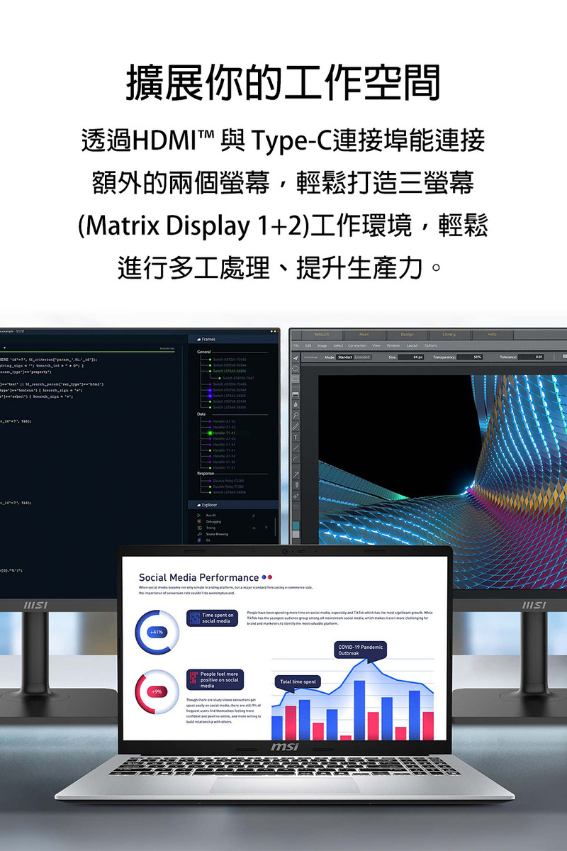 擴展你的工作空間 透過HDMI 與 TypeC連接埠能連接 額外的兩個螢幕,輕鬆打造三螢幕 Matrix Display12工作環境,輕鬆 進行多工處理、提升生產力。 
