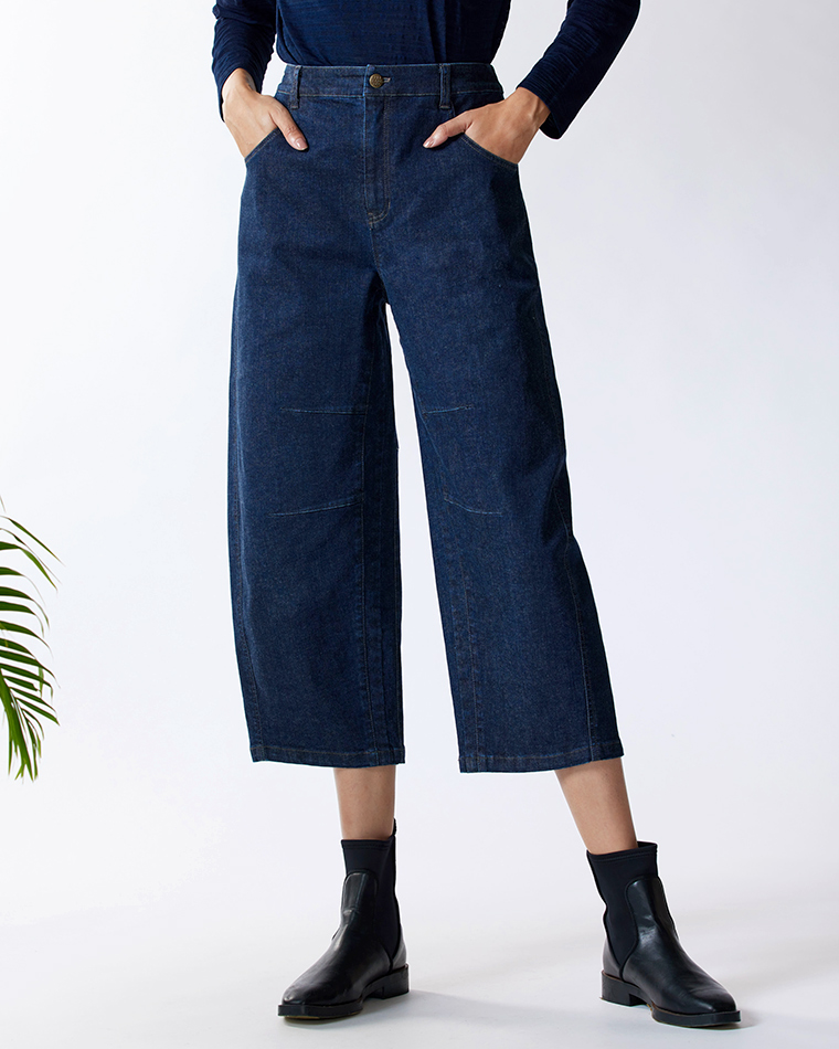 FREE 彈性牛仔口袋立體九分褲(深藍)好評推薦