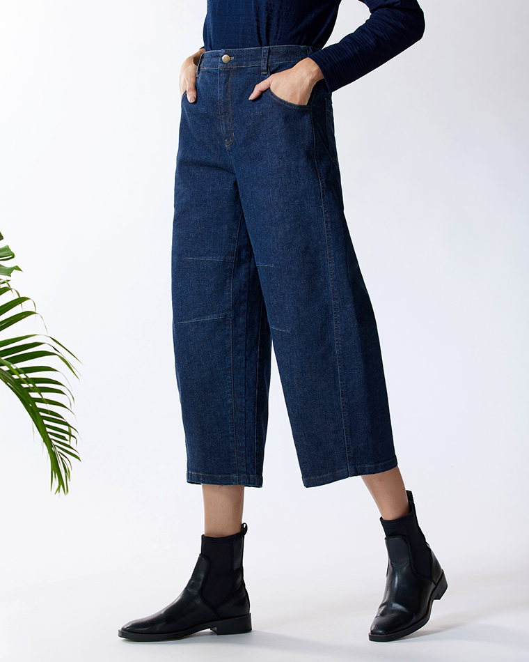 FREE 彈性牛仔口袋立體九分褲(深藍)好評推薦