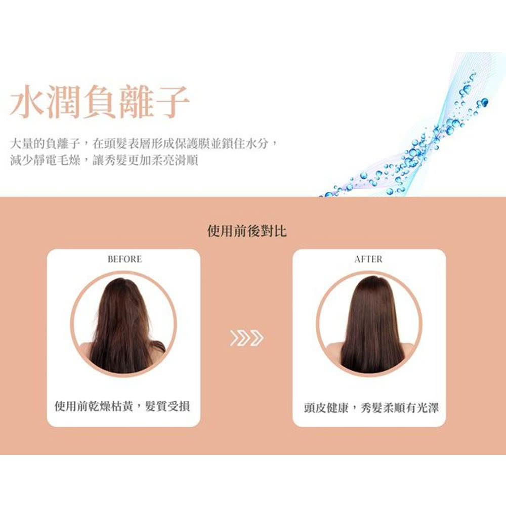 大量的負離子,在頭髮表層形成保護膜並鎖住水分,