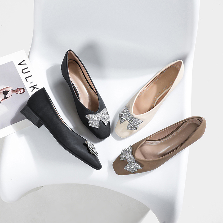 Sp house 晶鑽蝴蝶結方頭都會淺口粗低跟鞋(3色可選)