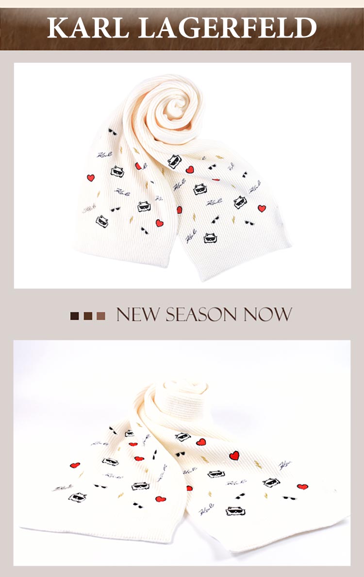 KARL LAGERFELD 卡爾 羅紋刺繡針織圍巾-白色好