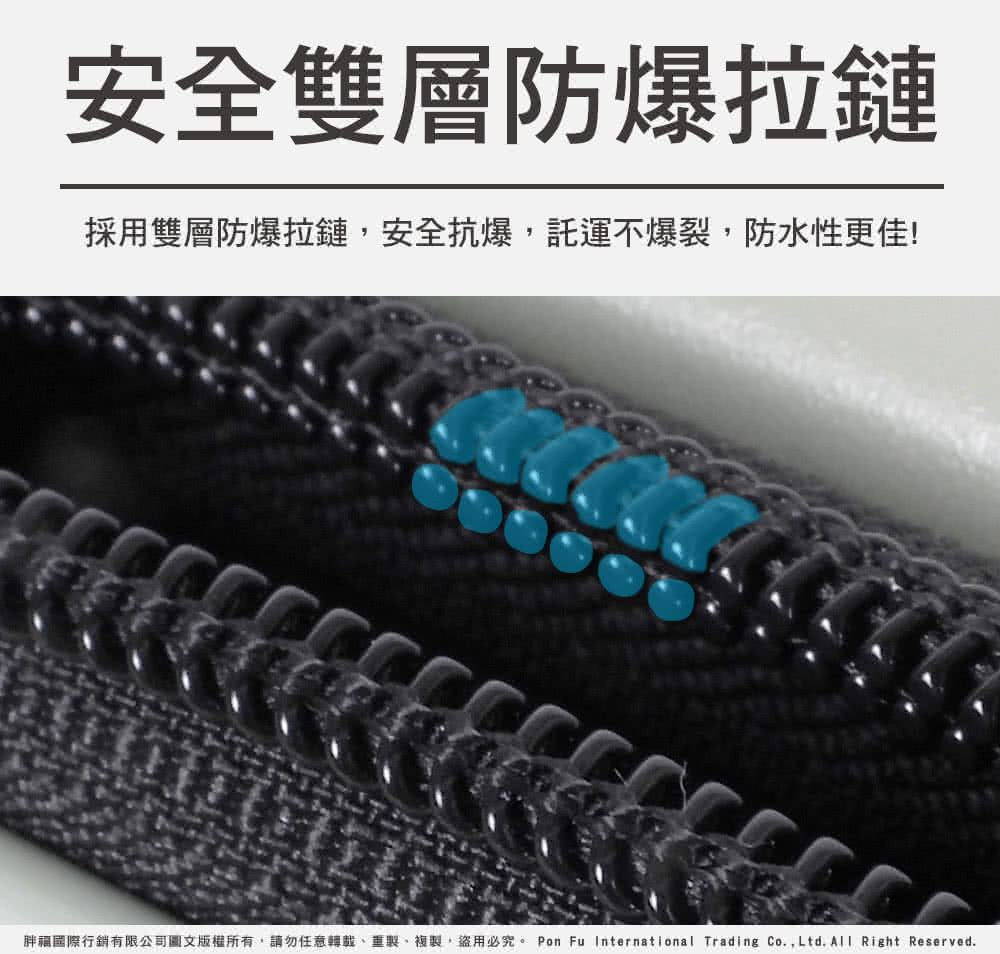 安全雙層防爆拉鏈 採用雙層防爆拉鏈,安全抗爆,託運不爆裂,防水性更佳 胖福國際行銷有限公司圖文版權所有,請勿任意轉載、重製、複製,盜用必究。 Pon Fu International Trading Co.,Ltd.All Right Reserved. 