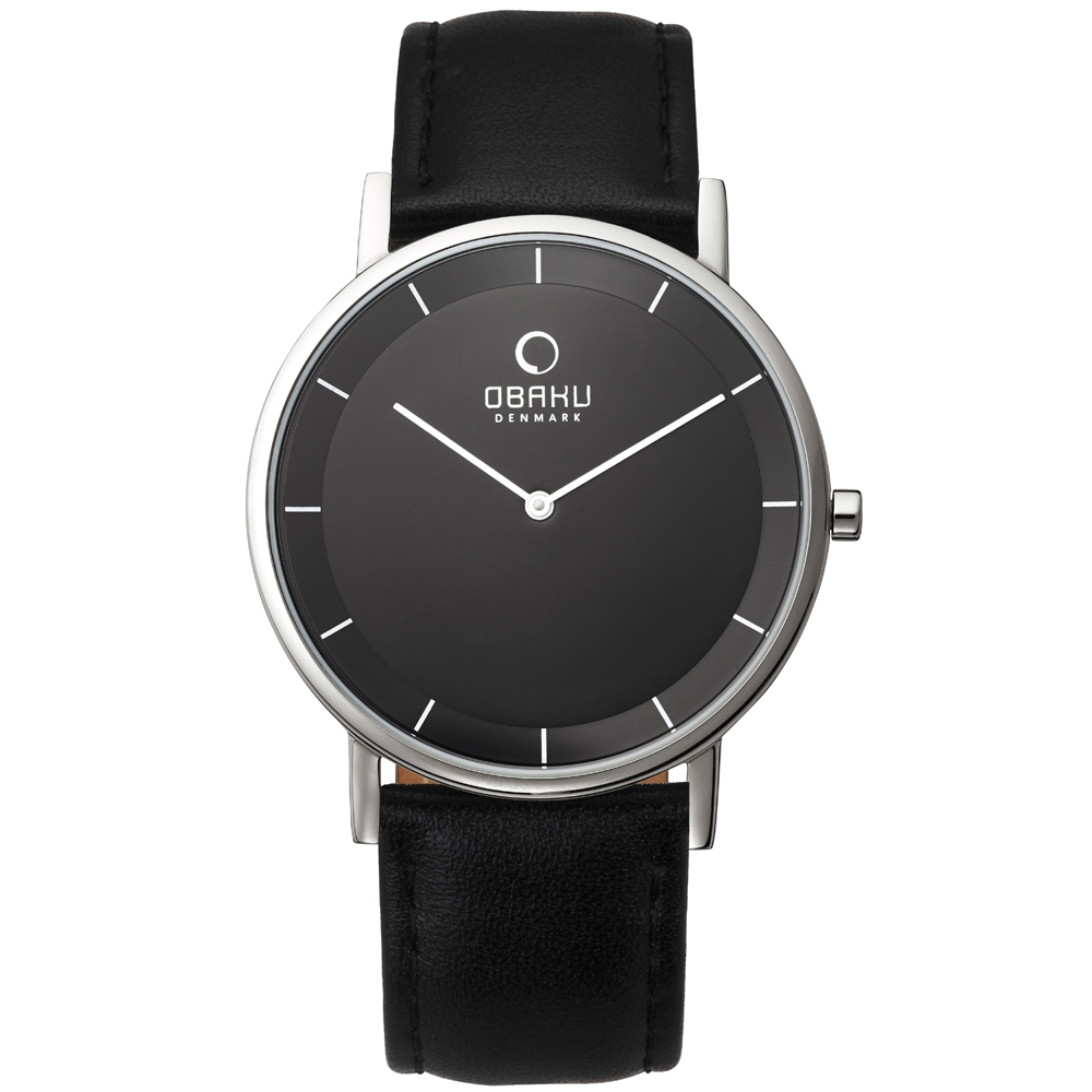 OBAKU 纖薄哲學二針時尚腕錶-銀框黑-皮帶(V143GC