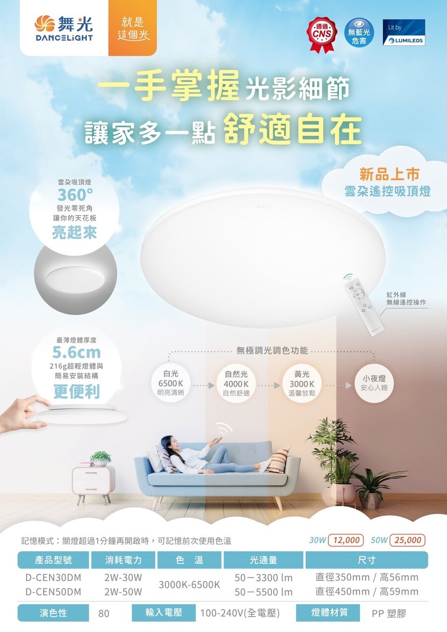 DanceLight 舞光 3入 30W LED雲朵遙控吸頂