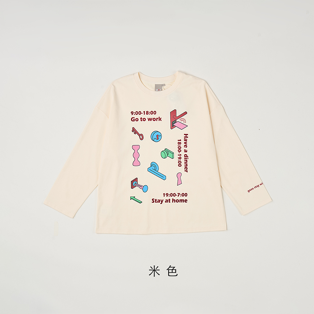 gozo 特殊蠟洗門鎖印花寬版長袖T恤(兩色) 推薦