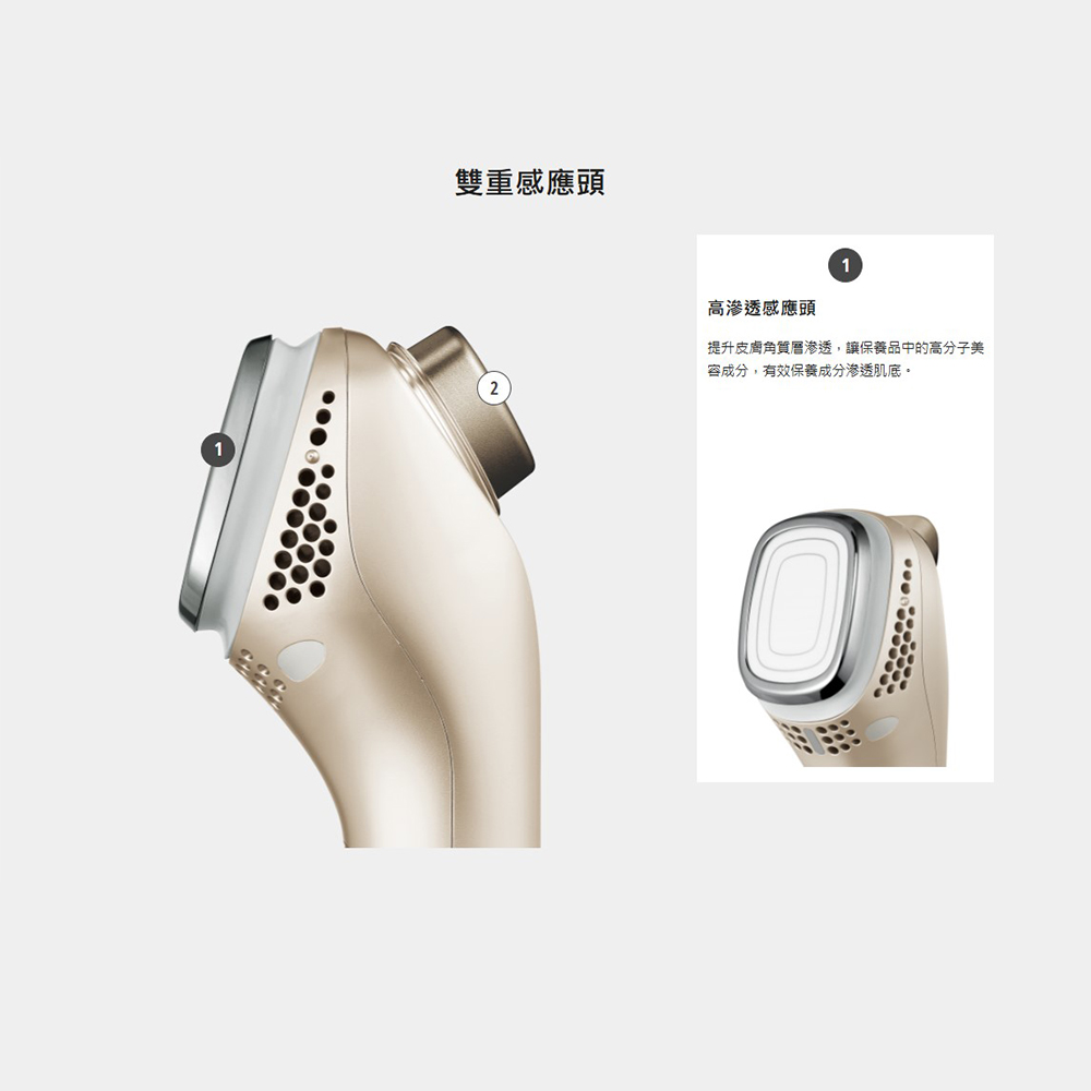 雙重感應頭 高滲透感應頭 提升皮膚角質層滲透,讓保養品中的高分子美 容成分,有效保養成分滲透肌底。
