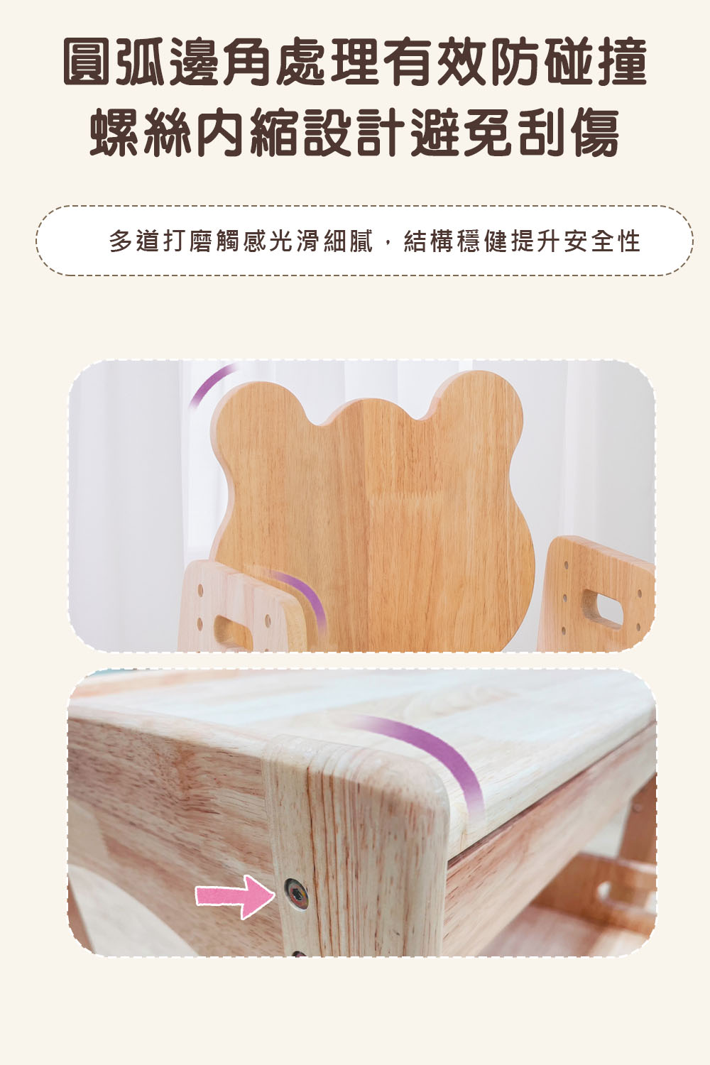 圓弧邊角處理有效防碰撞 螺絲內縮設計避免刮傷 多道打磨觸感光滑細膩,結構穩健提升安全性 
