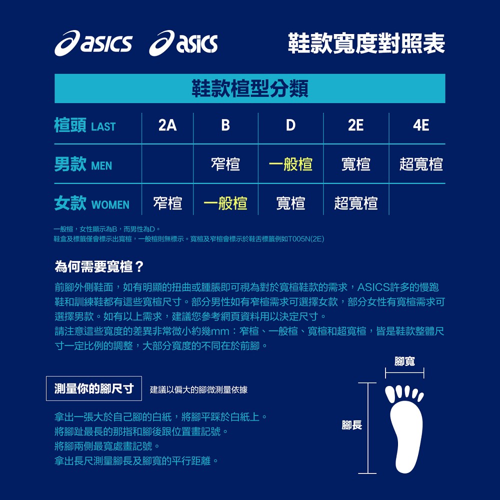 鞋盒及標籤僅會標示出寬檔,一般檔則無標示。寬檔及窄檔會標示於鞋舌標籤例如TO05N2E
