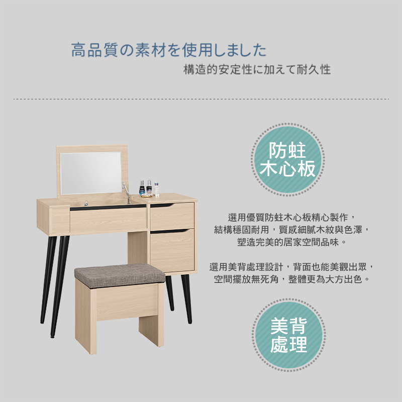 BODEN 米達3尺掀蓋式化妝桌/鏡台/梳妝台(附收納化妝椅