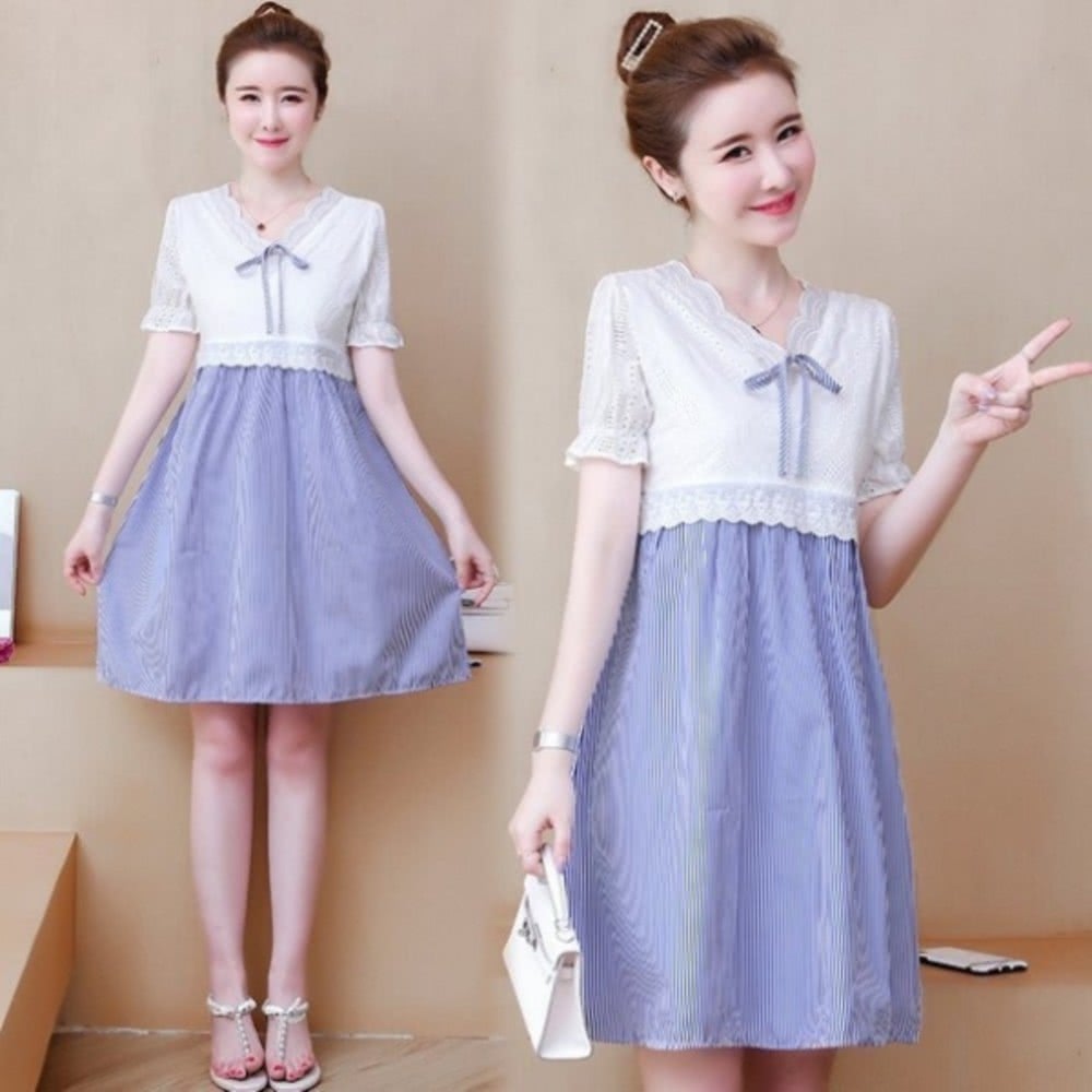 漂亮小媽咪 夏日 韓系蕾絲 哺乳洋裝 格紋 條紋 布蕾絲 公