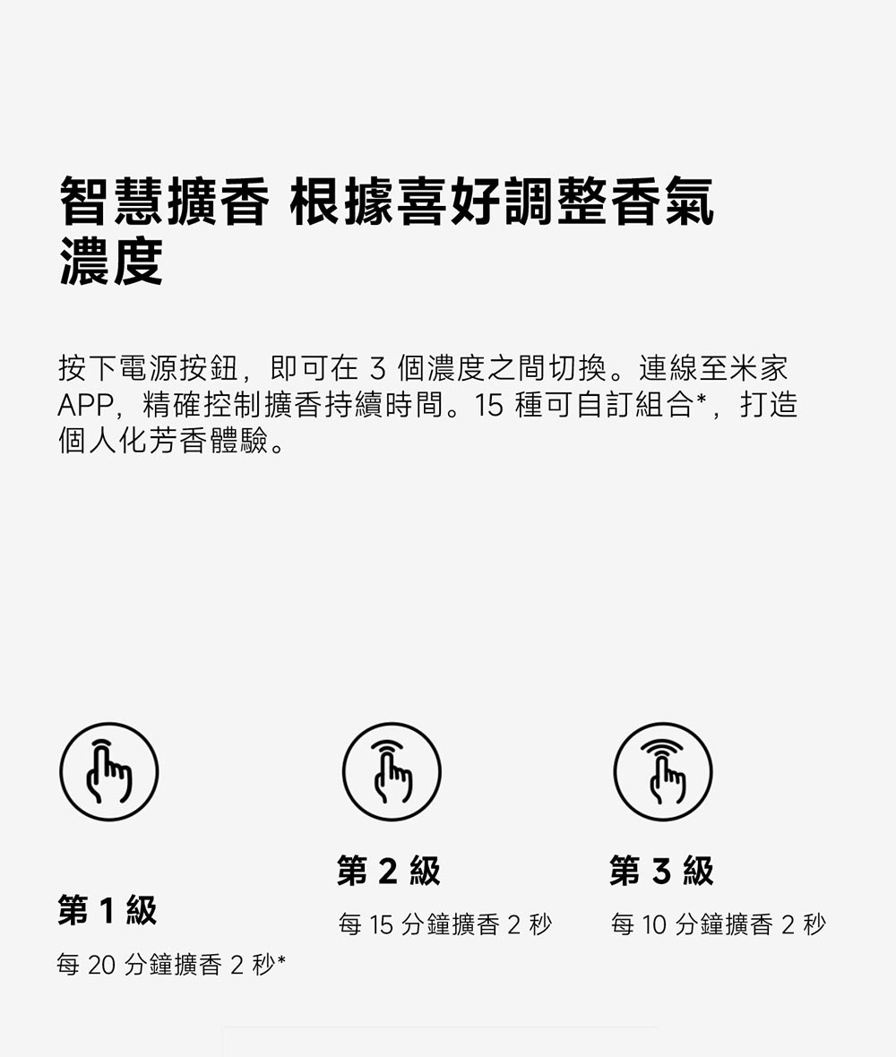 APP,精確控制擴香持續時間。15 種可自訂組合,打造