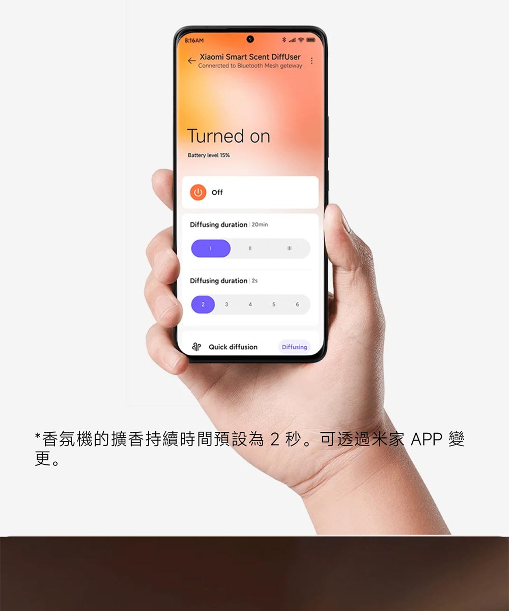 香氛機的擴香持續時間預設為2秒。可透過米家 APP 變 更。 