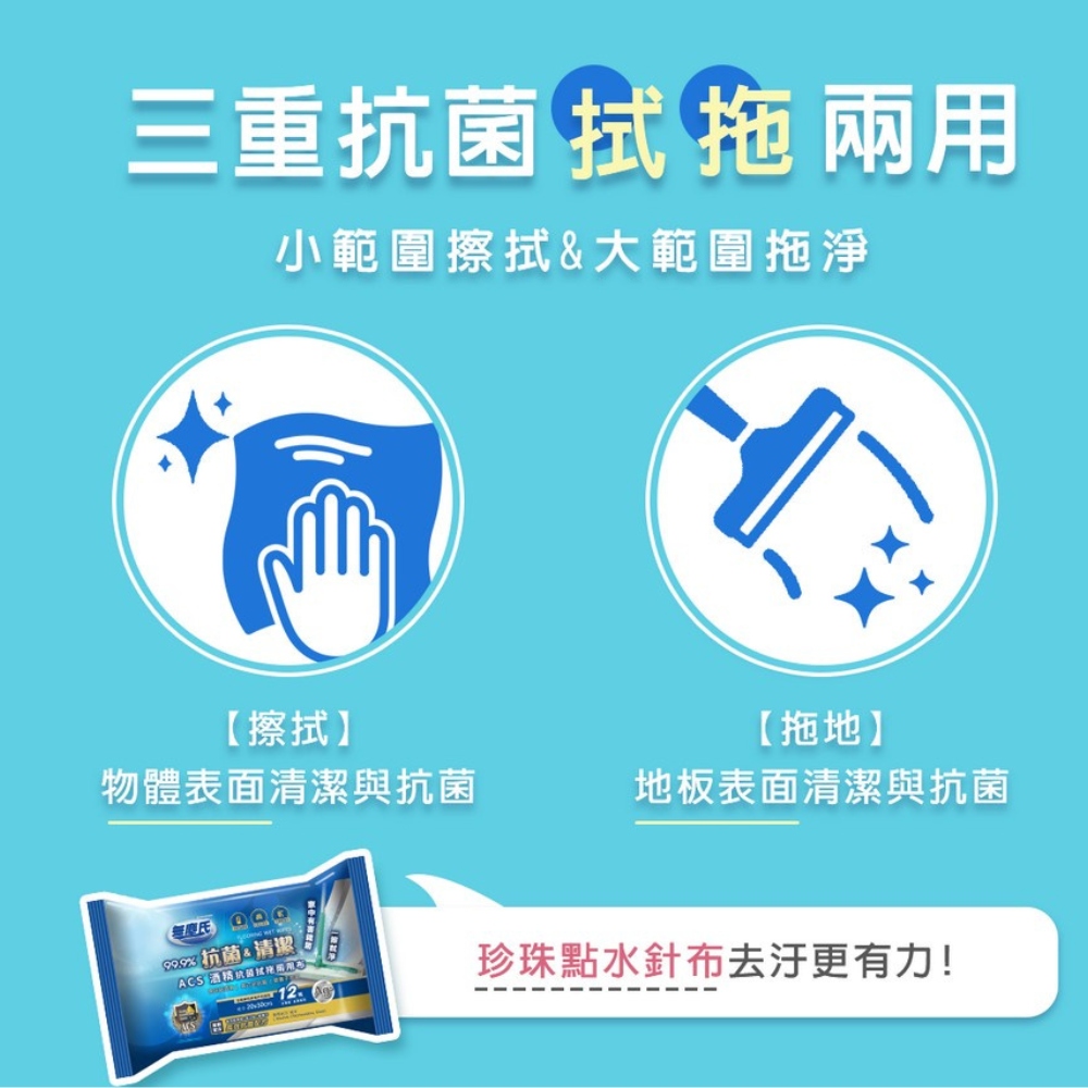 無塵氏 ACS酒精抗菌濕拖兩用布 12枚/包；24包組(地板