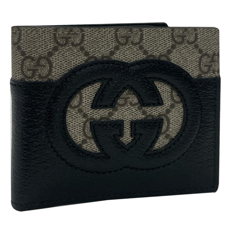 GUCCI 古馳 皮革拼PVC雙G對開短夾(黑色)評價推薦