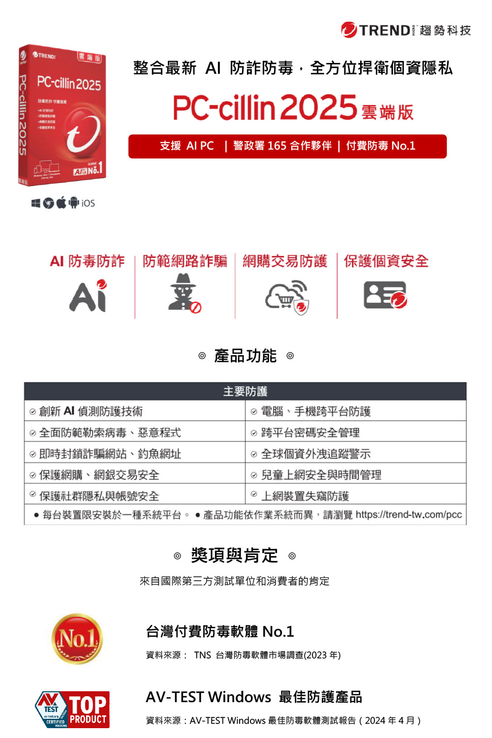 PC-cillin 下載版◆AI防詐特偵組 1年3台防護版優