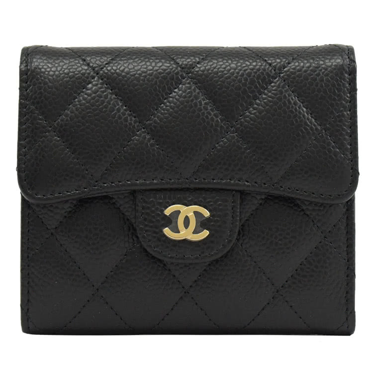 CHANEL 香奈兒 經典雙C LOGO菱格紋荔枝牛皮三折零