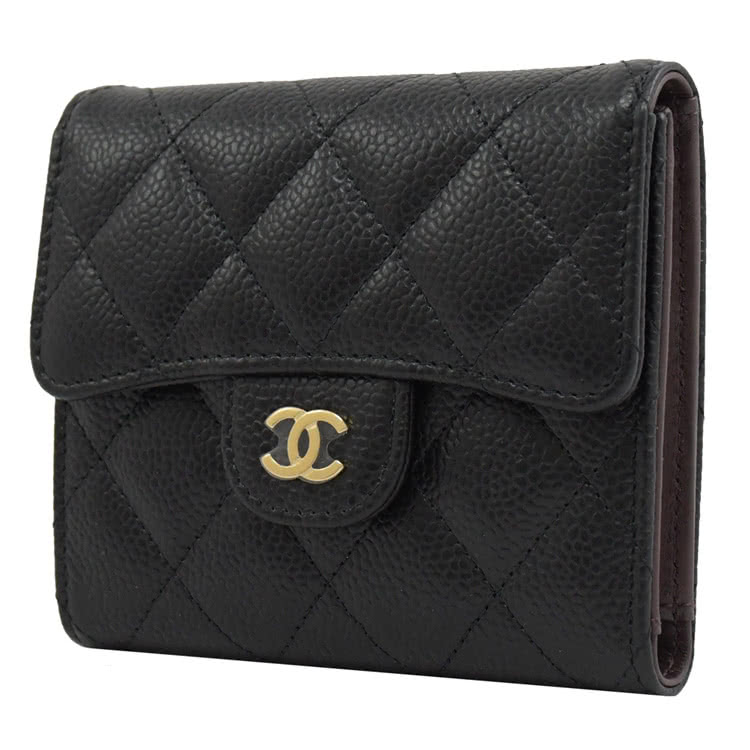 CHANEL 香奈兒 經典雙C LOGO菱格紋荔枝牛皮三折零