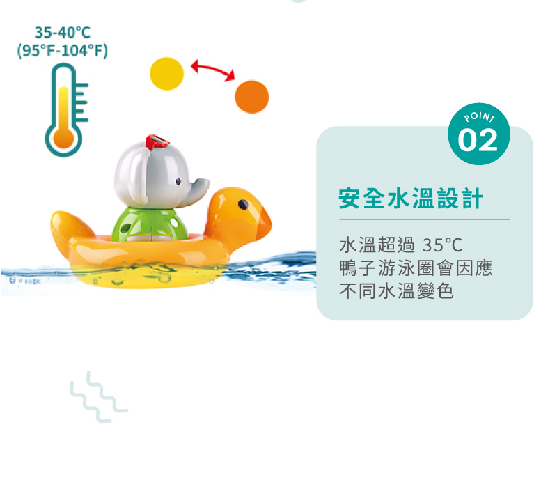 安全水溫設計 水溫超過35 鴨子游泳圈會因應 不同水溫變色 