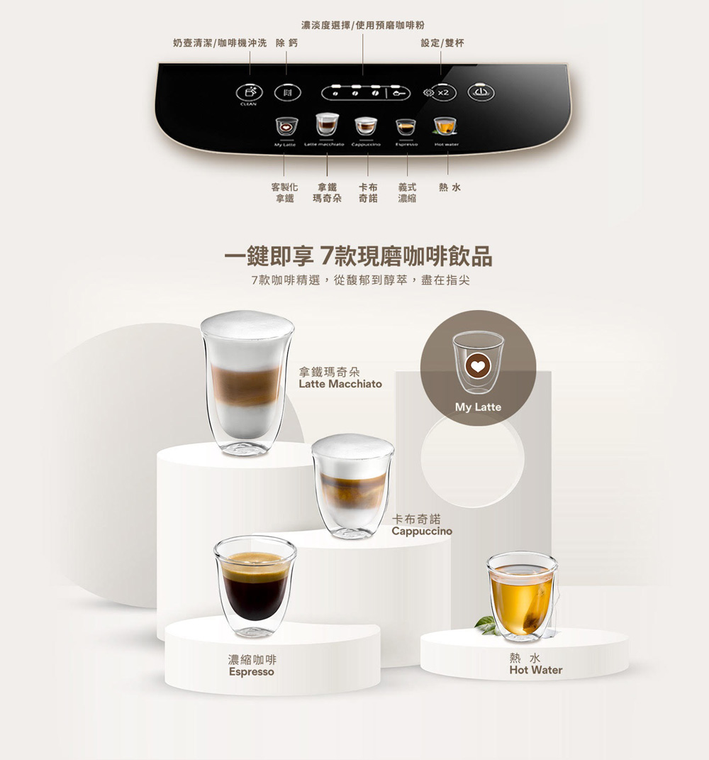 濃淡度選擇/使用預磨咖啡粉奶壺清潔/咖啡機沖洗除 鈣設定/雙杯 My   water客製化拿鐵拿鐵瑪奇朵卡布 義式熱水奇諾濃縮一鍵即享7款現磨咖啡飲品7款咖啡精選,從馥郁到醇萃,盡在指尖拿鐵瑪奇朵Latte Macchiato卡布奇諾CappuccinoMy Latte濃縮咖啡Espresso熱水Hot Water