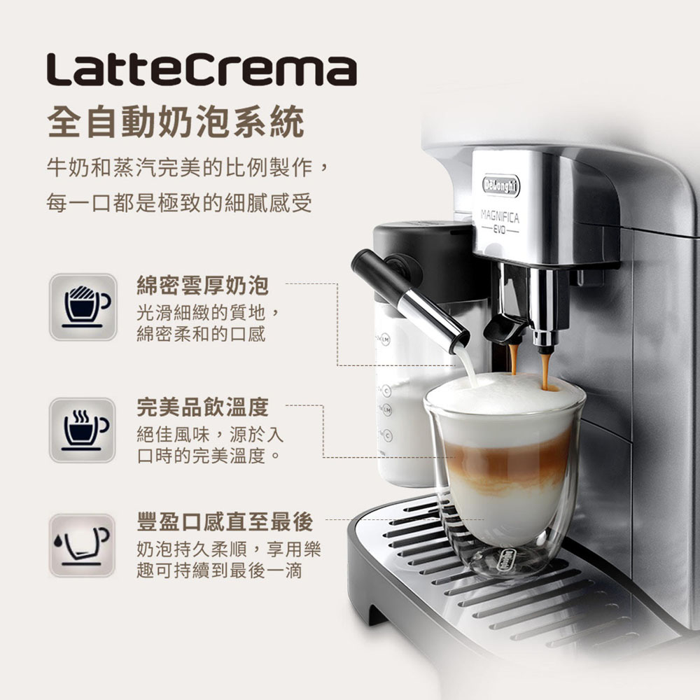 LatteCrema全自動奶泡系統牛奶和蒸汽完美的比例製作,每一口都是極致的細膩感受)MAGNIFICA-EVO-綿密雲厚奶泡光滑細緻的質地,綿密柔和的口感完美品飲溫度絕佳風味,源於入口時的完美溫度。豐盈口感直至最後奶泡持久柔順,享用樂趣可持續到最後一滴