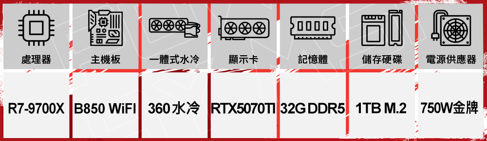 R79700X B850 WiFl 360水冷 RTX5070TI 32G DDR5 1TB M.2 750W金牌