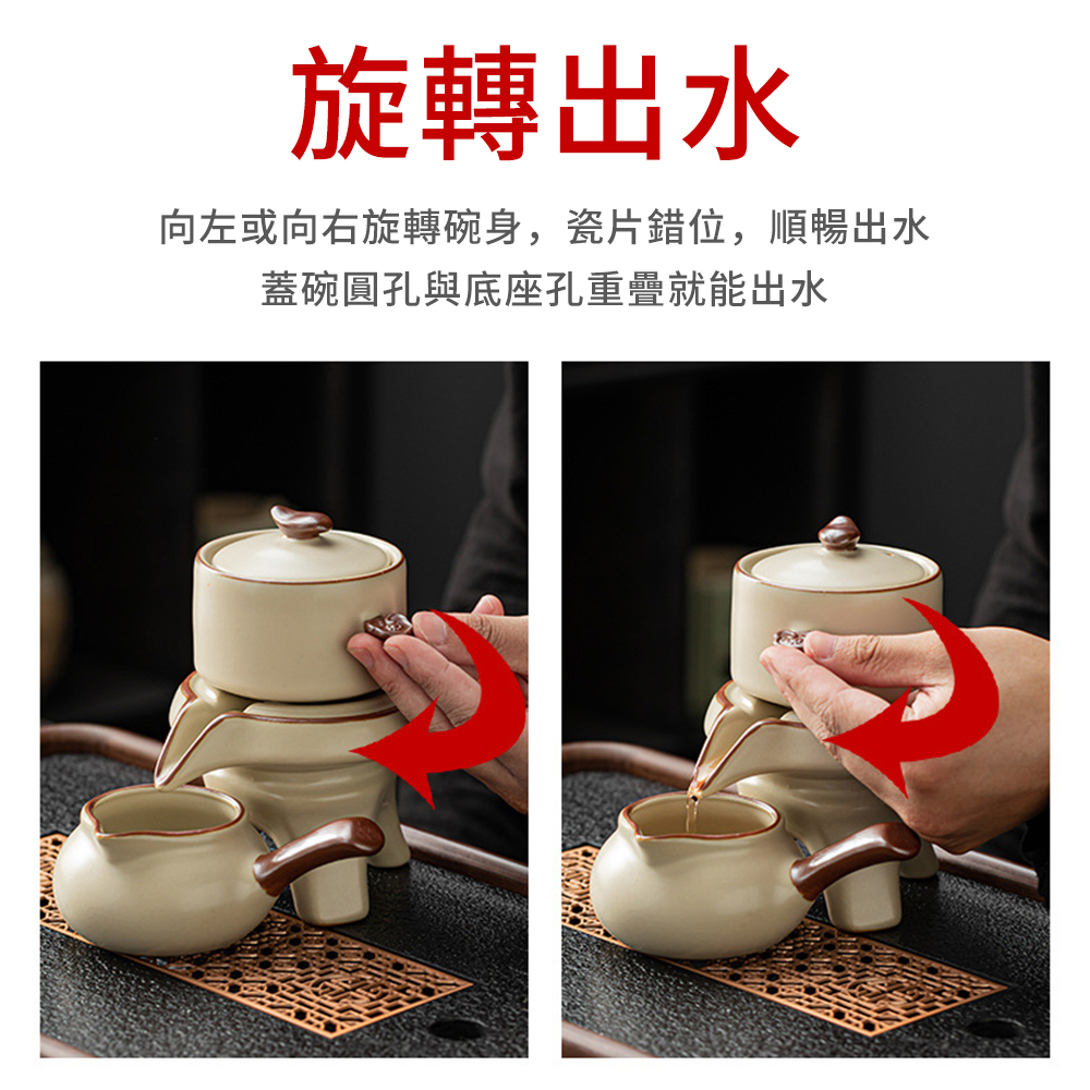 旋轉出水 向左或向右旋轉碗身,瓷片錯位,順暢出水 蓋碗圓孔與底座孔重疊就能出水 