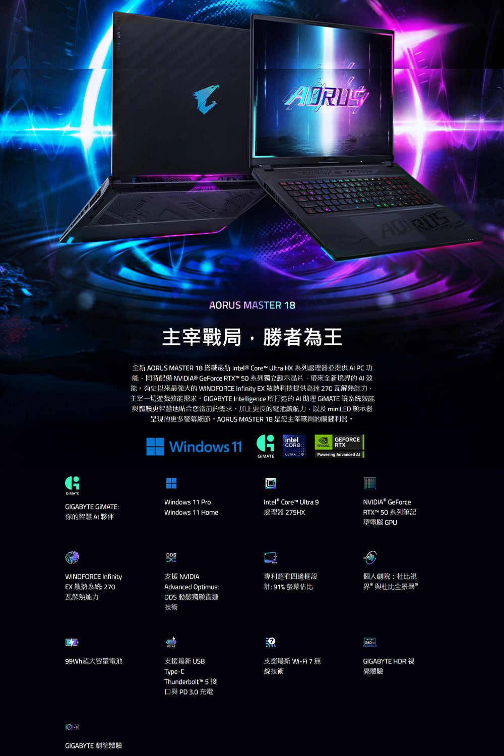 全新 AORUS MASTER 18 搭載最新 Intel Core Ultra HX 系列處理器並提供AI PC功