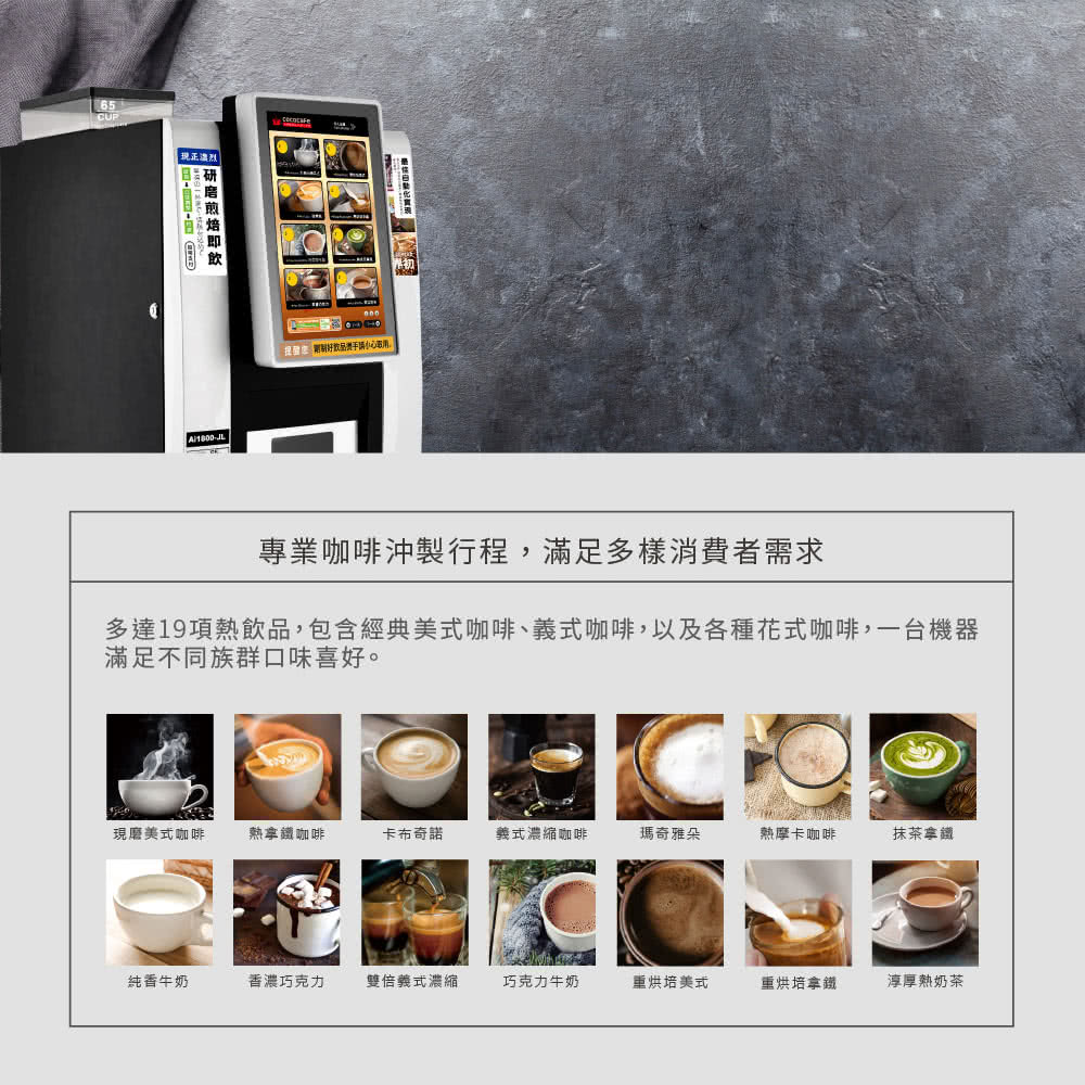 多達19項熱飲品,包含經典美式咖啡、義式咖啡,以及各種花式咖啡,一台機器