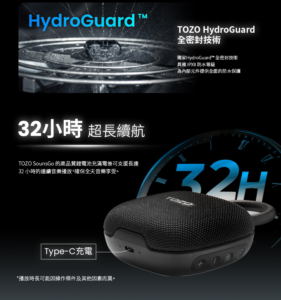 TOZO SounsGo 的高品質鋰電池充滿電後可支援長達