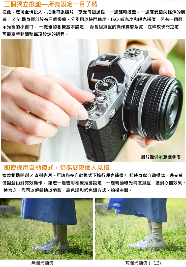 感Zfc 機身頂部設有三個撥盤,分別用於快門速度、ISO感光度和曝光補償,另有一個顯
