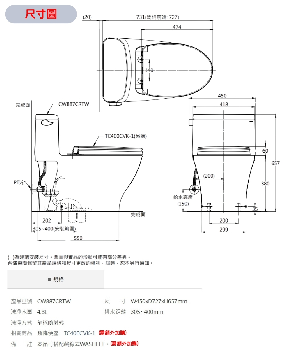 台灣東陶保留其產品規格和尺寸更改的權利,屆時,恕不另行通知。