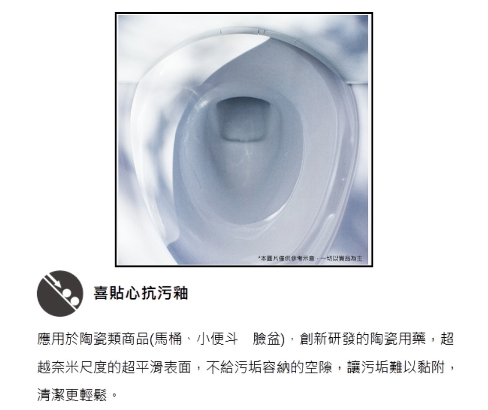 本圖片僅供參考示意,一切以實品為主 喜貼心抗污釉 應用於陶瓷類商品馬桶、小便斗 臉盆,創新研發的陶瓷用藥,超 越奈米尺度的超平滑表面,不給污垢容納的空隙,讓污垢難以黏附, 清潔更輕鬆。 