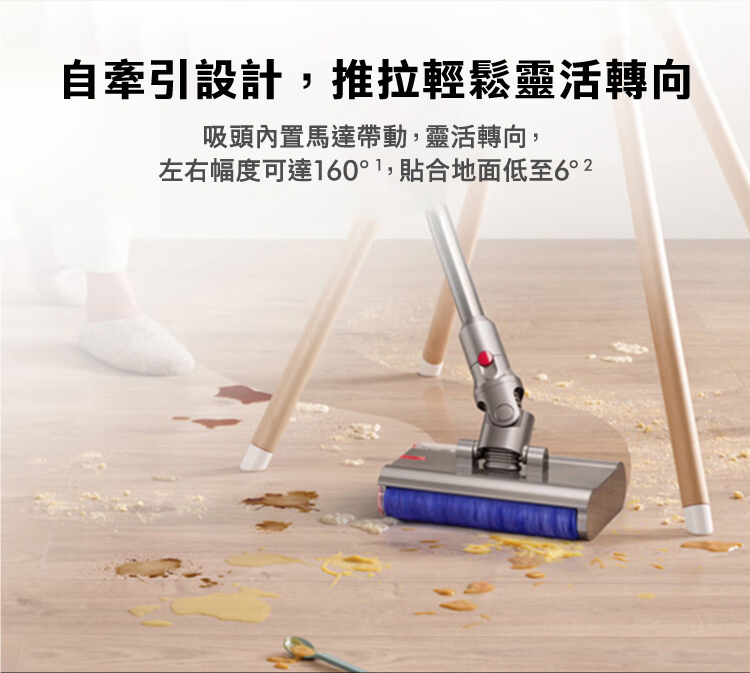 自牽引設計,推拉輕鬆靈活轉向 吸頭內置馬達帶動,靈活轉向, 左右幅度可達160,貼合地面低至62 