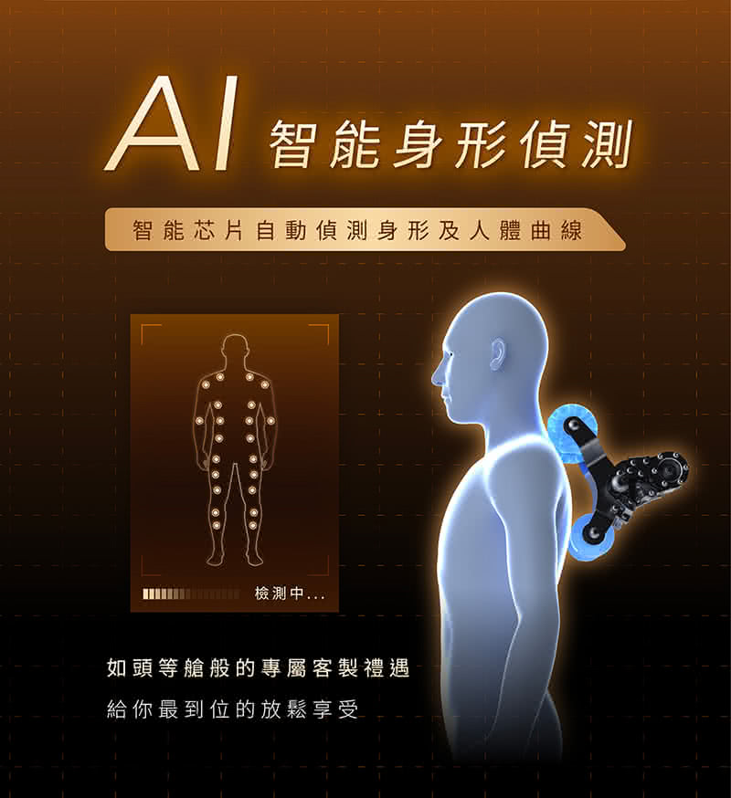 智能身形偵測 智能芯片自動偵測身形及人體曲線 檢測中... 如頭等艙般的專屬客製禮遇 給你最到位的放鬆享受 