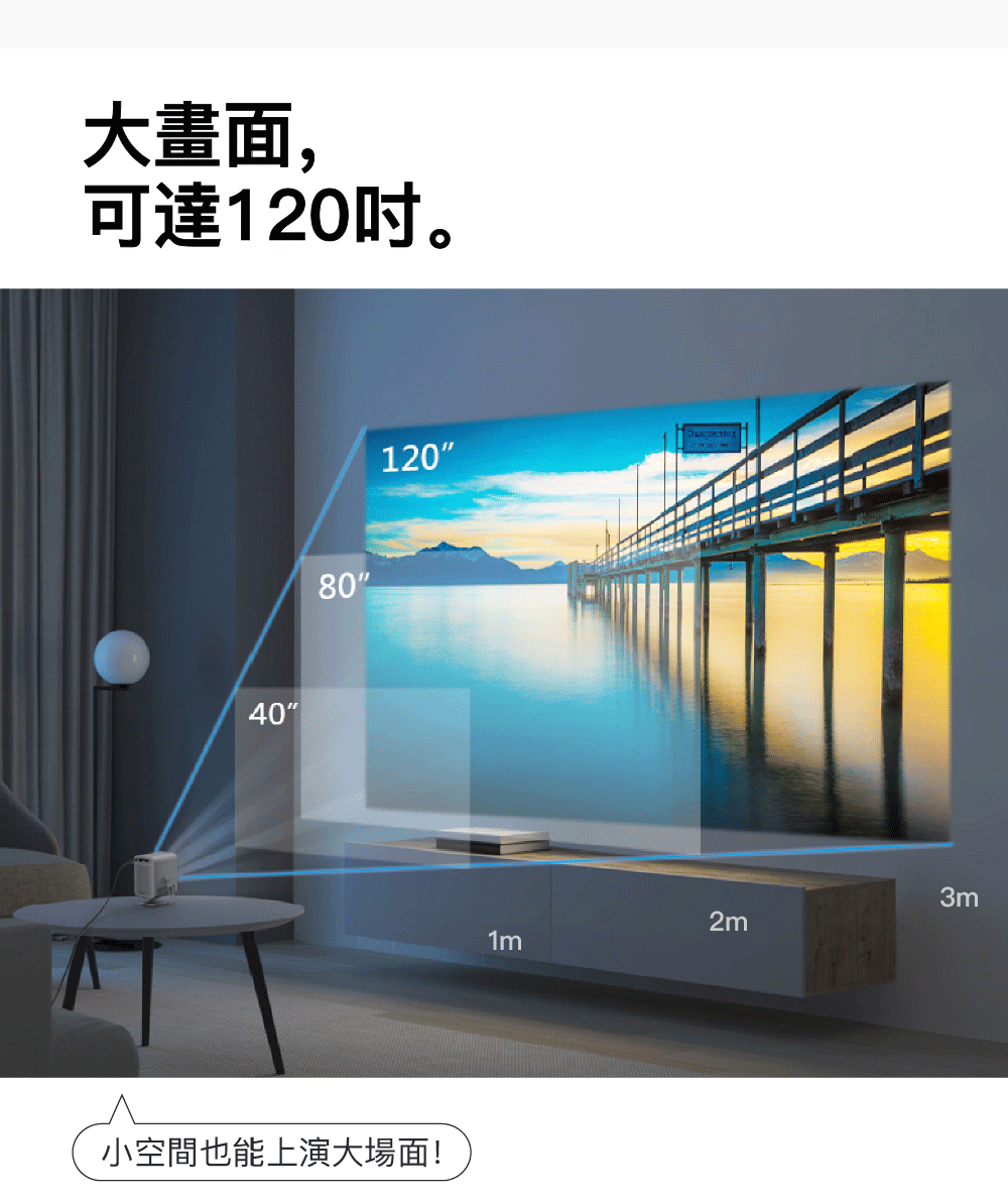 大畫面, 可達120吋。 小空間也能上演大場面 